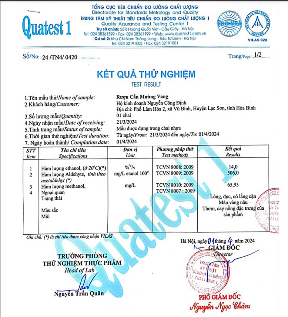 Giấy kiểm định chất lượng rượu cần